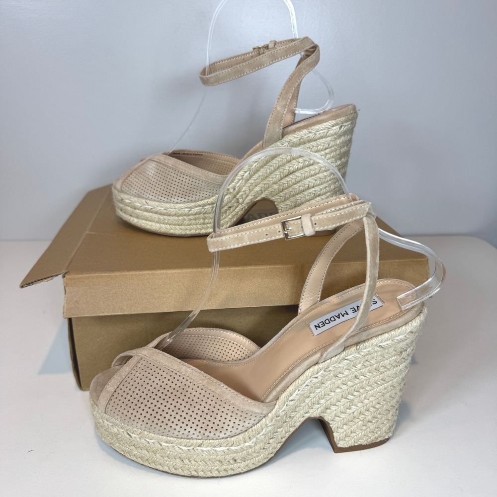 Steve Madden Sydnee Tan Suede Espadrille Wedge Sandals Sz 8 Cottagecore Boho - Picture 2 of 8